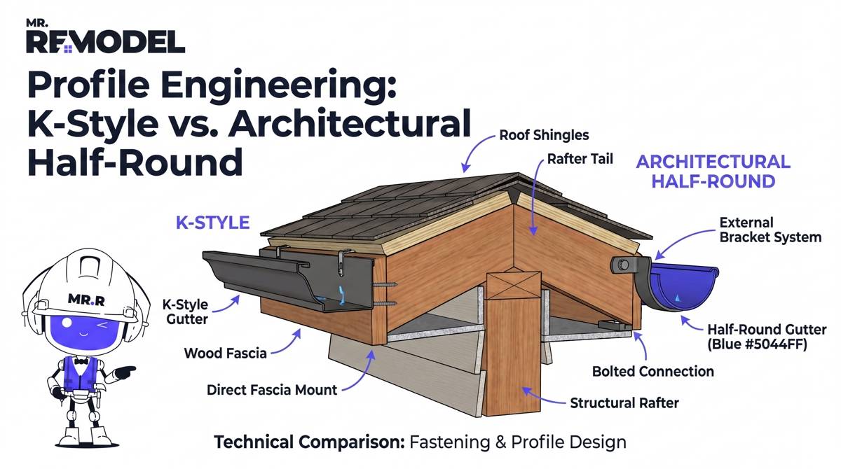 A technical engineering schematic comparing direct-mount K-style gutters with external bracket-mounted half-round gutters.
